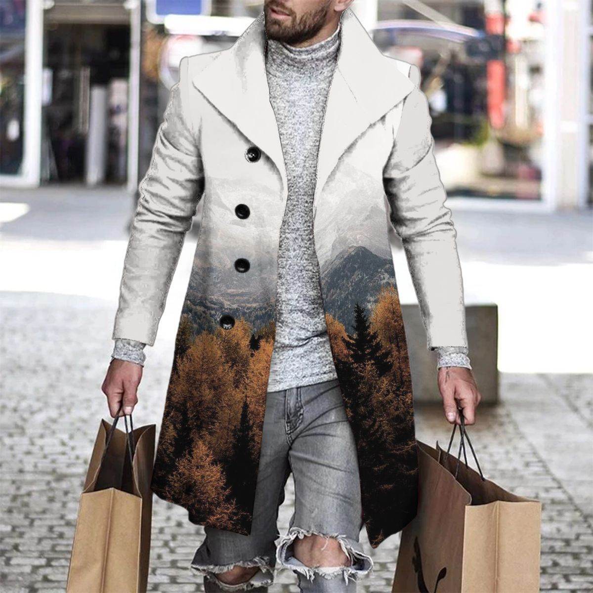 Stylish 3D Digital Printing Men's Woolen Trench Coat - Premium Fashion 2025 - Buy Center
