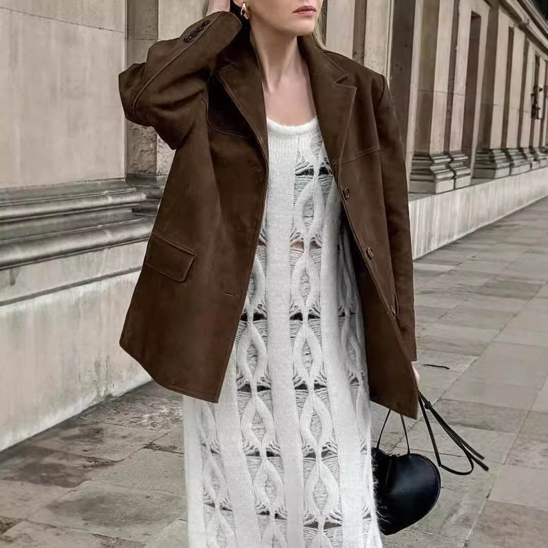 Buycenter Ladies Faux Suede Casual Blazer Coat - Retro Style Jacket - Buy Center
