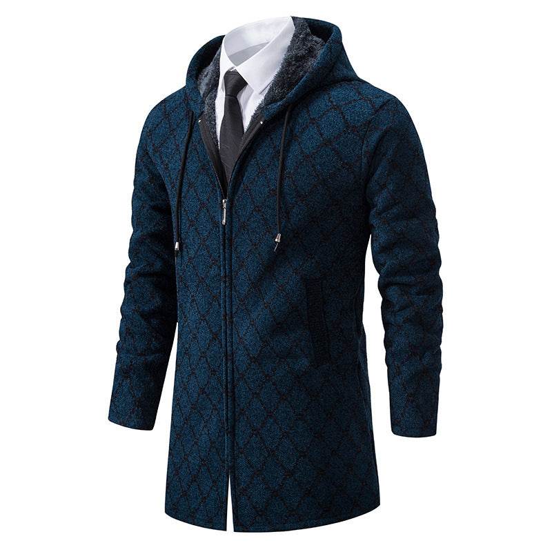 Stylish Men's Mid-Length Sweater Coat - Plaid Design with Removable Hood - Buy Center