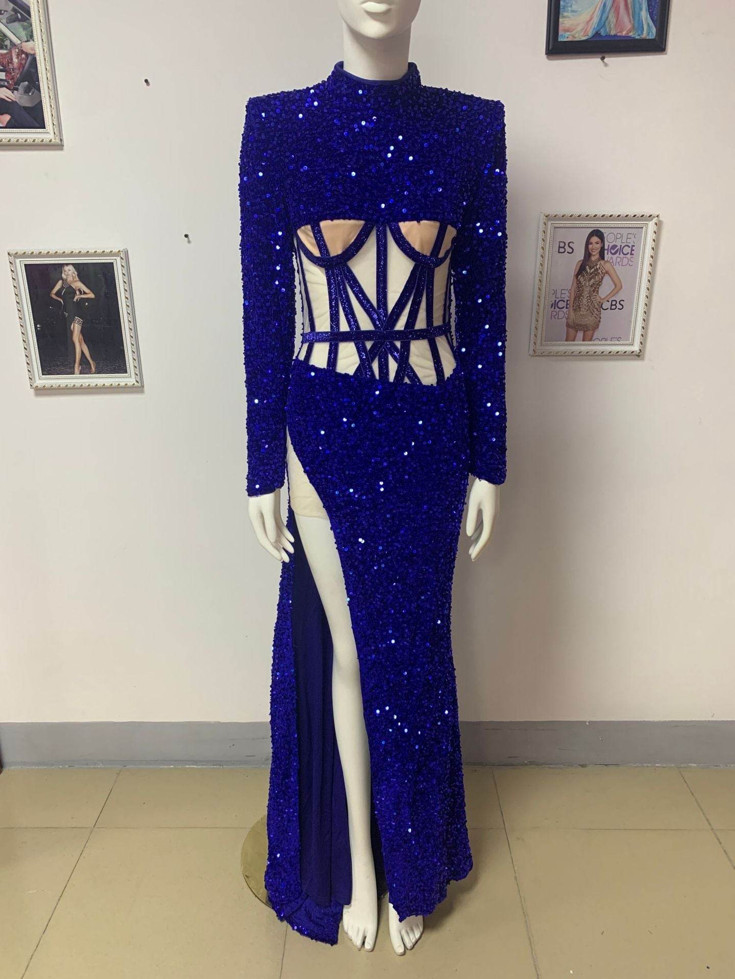 Buycenter Blue Sequin See-through Dress with High Slit - Elegant Evening Style - Buy Center