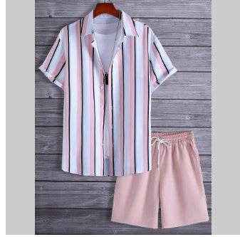 Black and White Striped Hawaiian Shirt Set for Men - Casual Summer Style