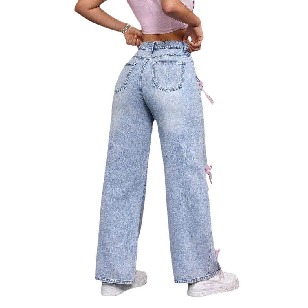 Buycenter Women's Bowknot Collage Jeans - Loose Straight-Leg Pants - Buy Center