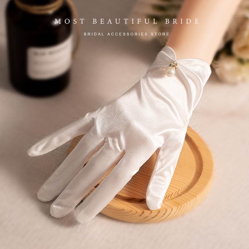 French Hepburn Style Pearl Satin Bridal Gloves - Elegant Wedding Accessory - Buy Center