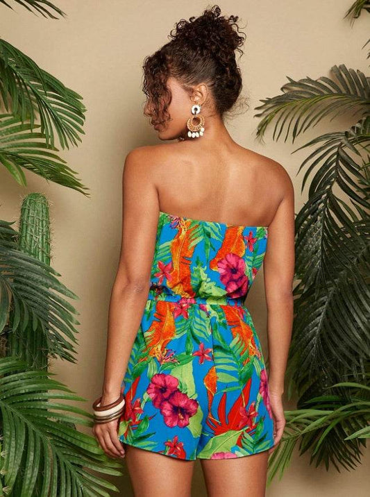 Buycenter Women's Strapless Romper - Colorful Floral Print for Vacation - Buy Center