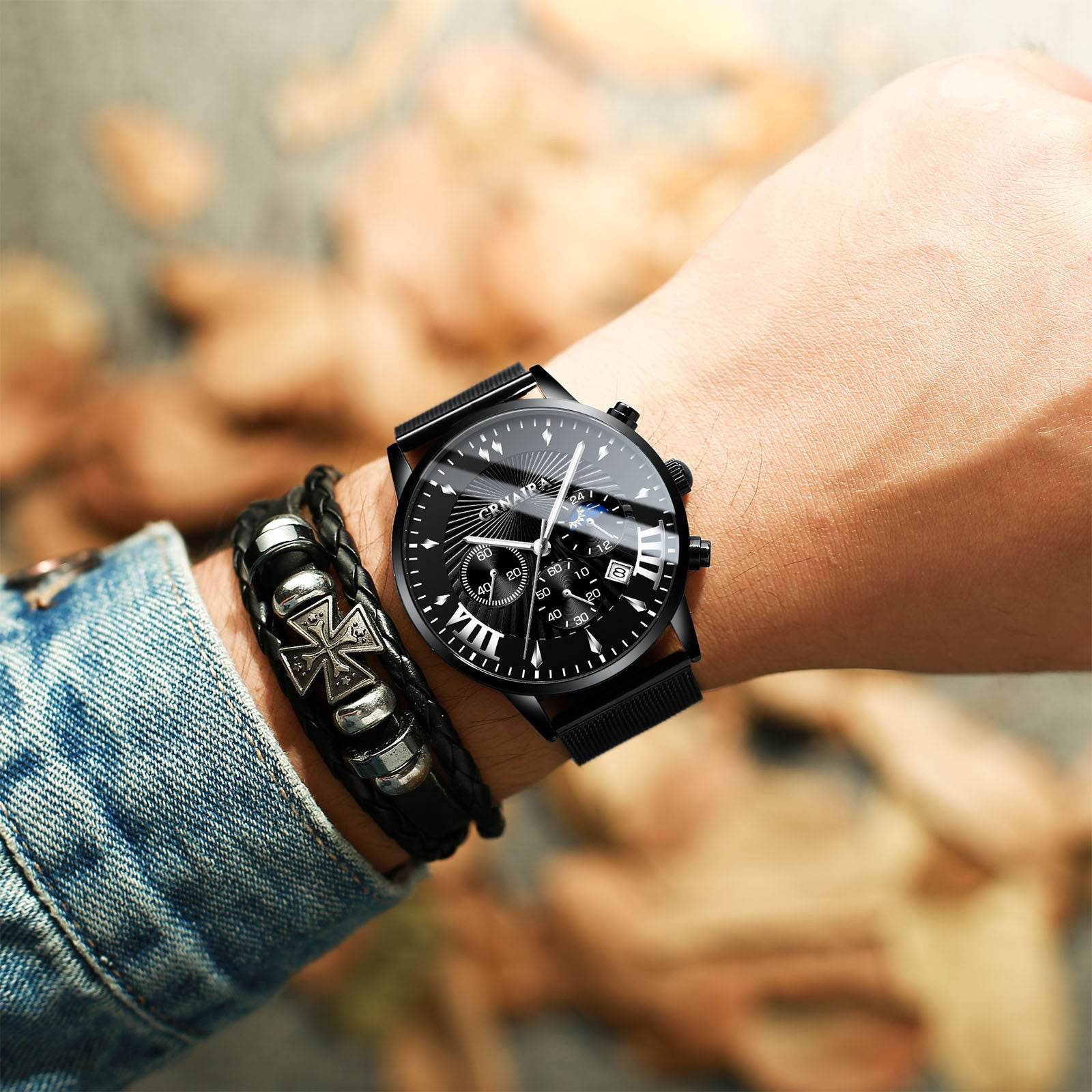 Buycenter Men's Waterproof Quartz Watch - Three-Eye Design, Stylish Alloy Band - Buy Center
