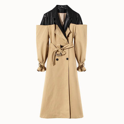 Buycenter Women's Double Breasted Overknee Coat - Stylish Khaki & Black - Buy Center