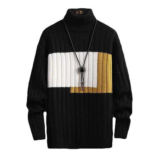 Buycenter Men's Knitted Turtleneck Sweater - Color Stitching, Cozy Warmth - Buy Center