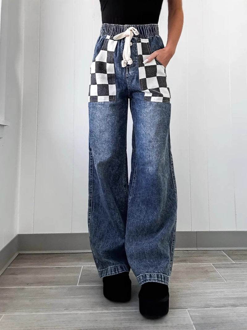 Women's Loose Plaid Contrast Denim Trousers - Stylish, Elastic Waist Fit - Buy Center