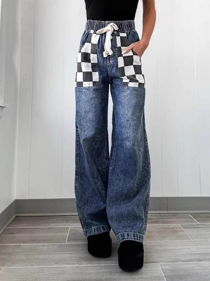 Women's Loose Plaid Contrast Denim Trousers - Stylish, Elastic Waist Fit - Buy Center