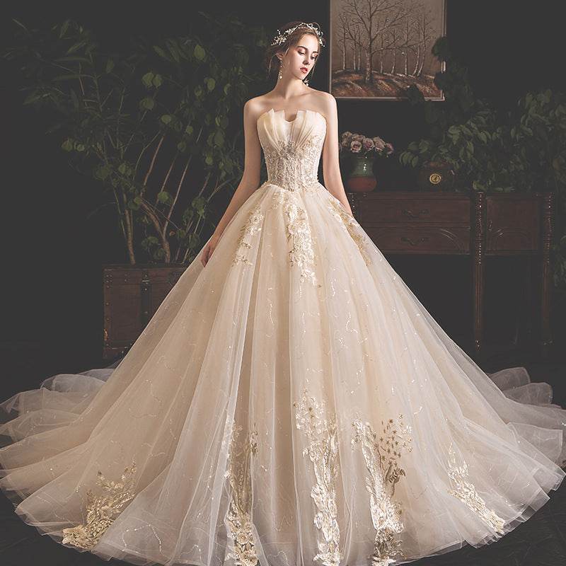 Elegant Bride Summer Tube Top Dress - Mori Style Trailing Skirt in Champagne - Buy Center