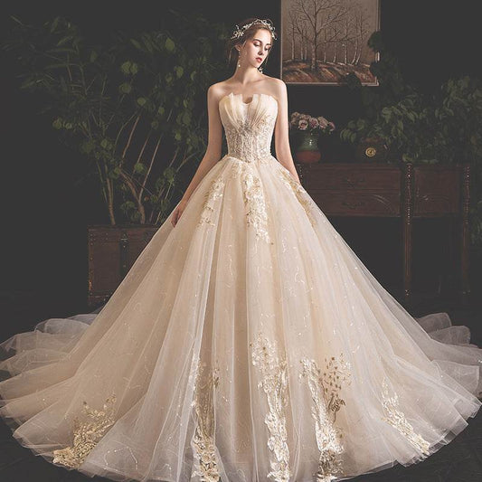 Elegant Bride Summer Tube Top Dress - Mori Style Trailing Skirt in Champagne - Buy Center