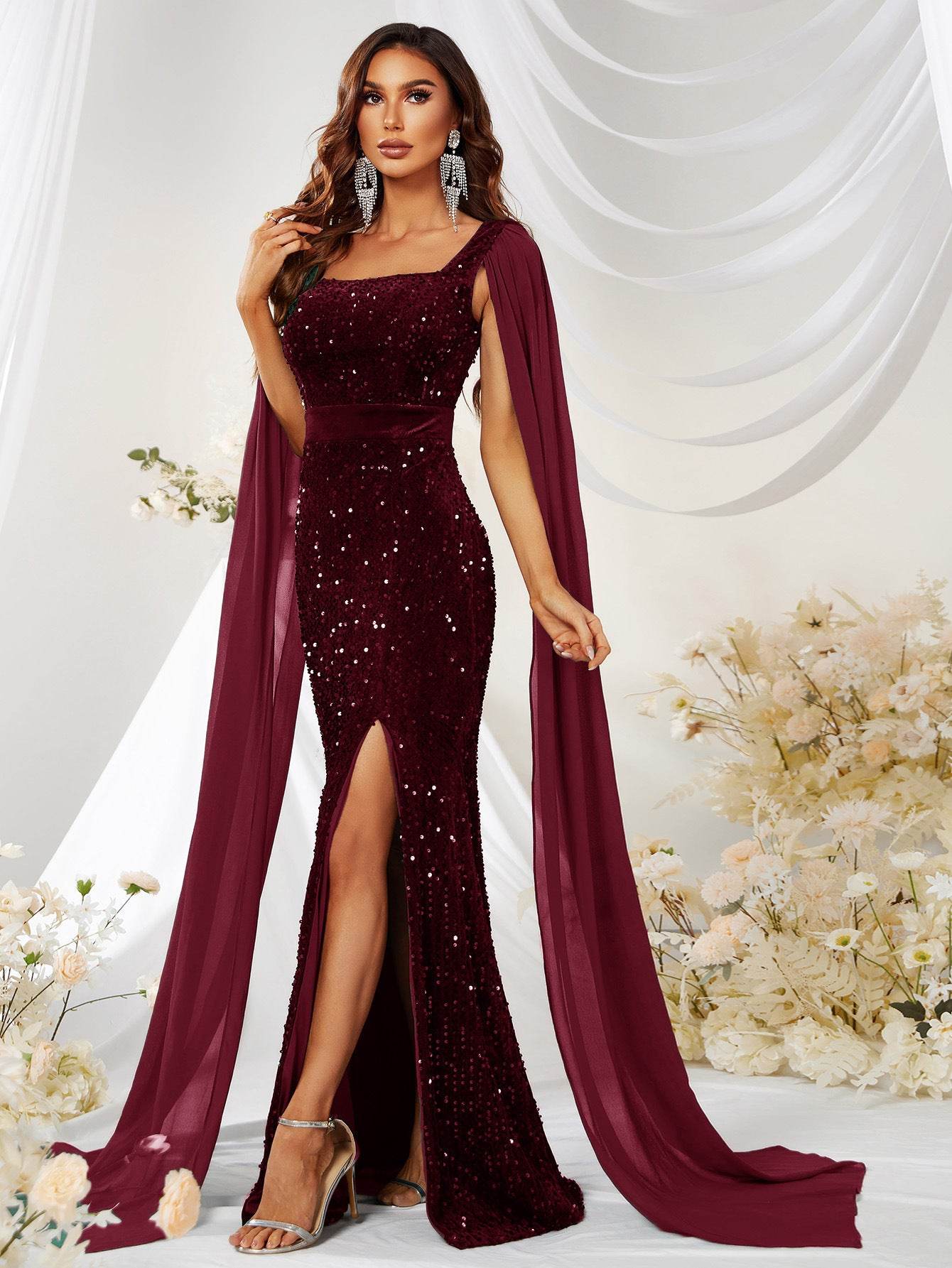 Buycenter Sequin Mesh Fishtail Dress - Elegant Wine Red Evening Skirt - Buy Center