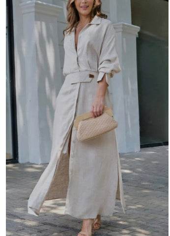 Buycenter Women's Long-Sleeved Dress - Elegant Tied Waist, Solid Colors - Buy Center