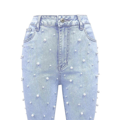 Trendy High Waist Pearl Jeans - Stretch Denim for Modern Women - Buy Center