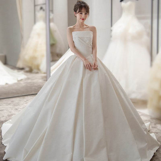 Elegant Women's Satin Tube Top Wedding Dress - French Style & Large Tail - Buy Center
