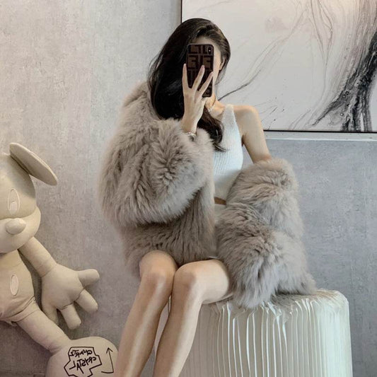 Online Influencer Hooded Faux Fur Coat - Trendy Elephant Gray Style - Buy Center