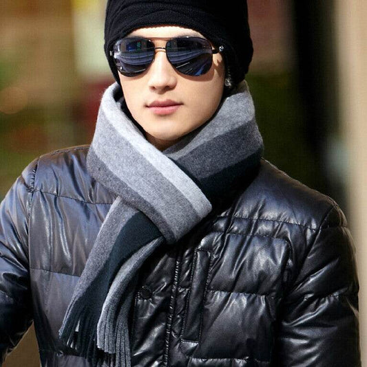 Men's Casual Striped Scarf - Warm Imitation Cashmere, Black Grey Style - Buy Center