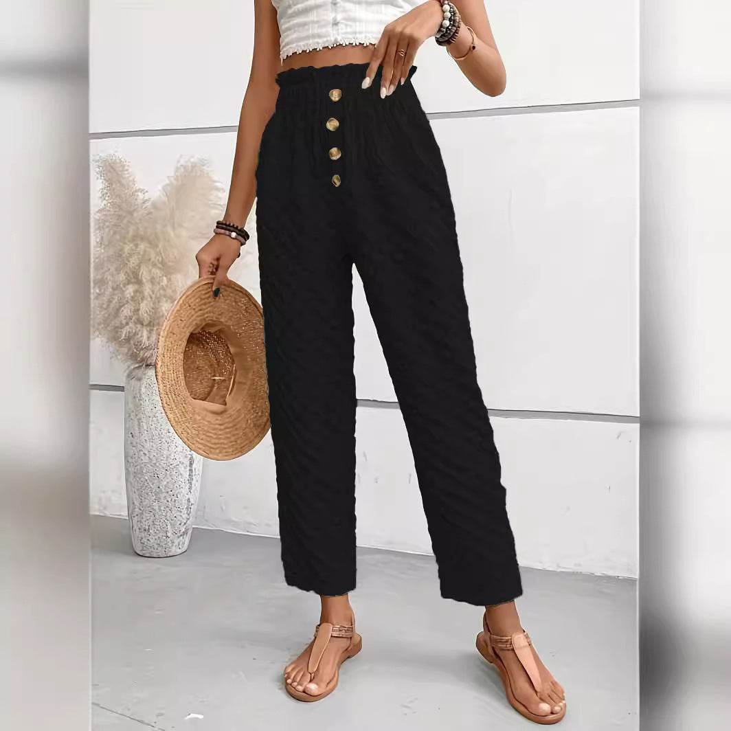 Women's Slim Fit Wide Leg Trousers - Trendy Buttoned Street Style - Buy Center