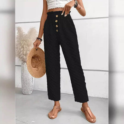 Women's Slim Fit Wide Leg Trousers - Trendy Buttoned Street Style - Buy Center