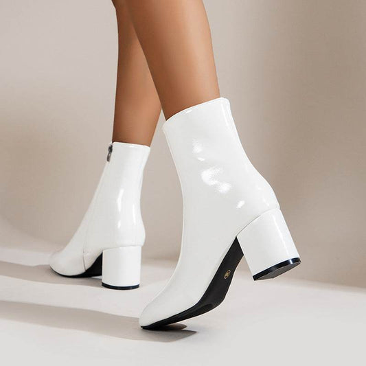 Women's High Heel Boots - Stylish Chunky Square Toe, Side Zipper Design - Buy Center