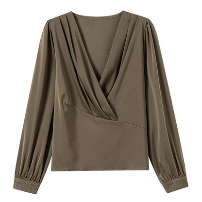 Women's V-Neck Satin Long-Sleeved Shirt - Stylish Work Blouse, Sizes S-2XL - Buy Center