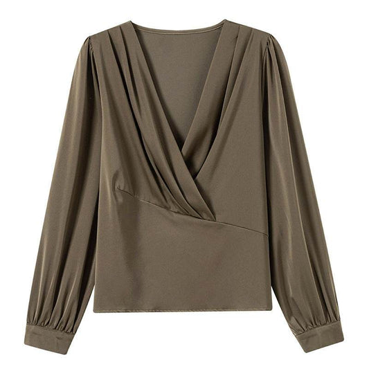 Women's V-Neck Satin Long-Sleeved Shirt - Stylish Work Blouse, Sizes S-2XL - Buy Center