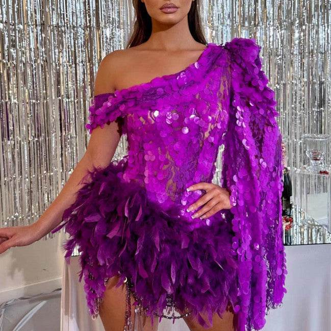 Luxury Purple Sequined Feather Skirt Dress - One-Shoulder Cocktail Glamour - Buy Center