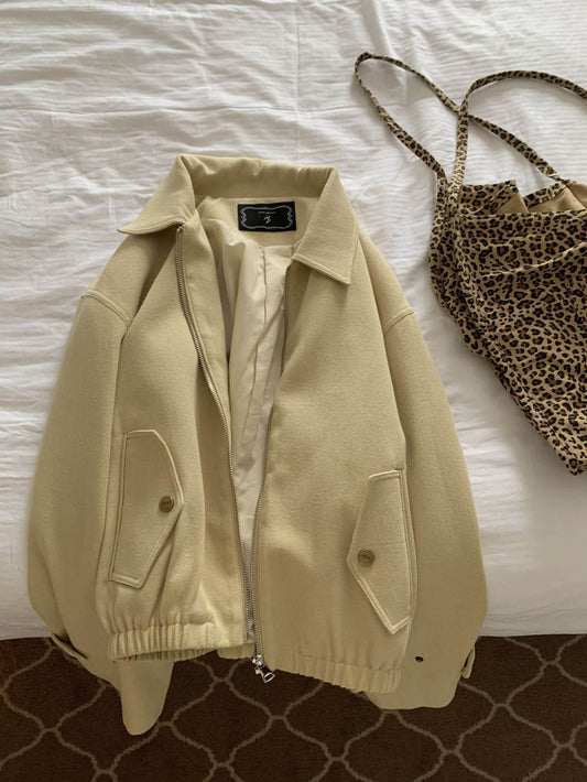 Casual Khaki Zipper Coat - Stylish Slimming Fit with Lapel Design - Buy Center