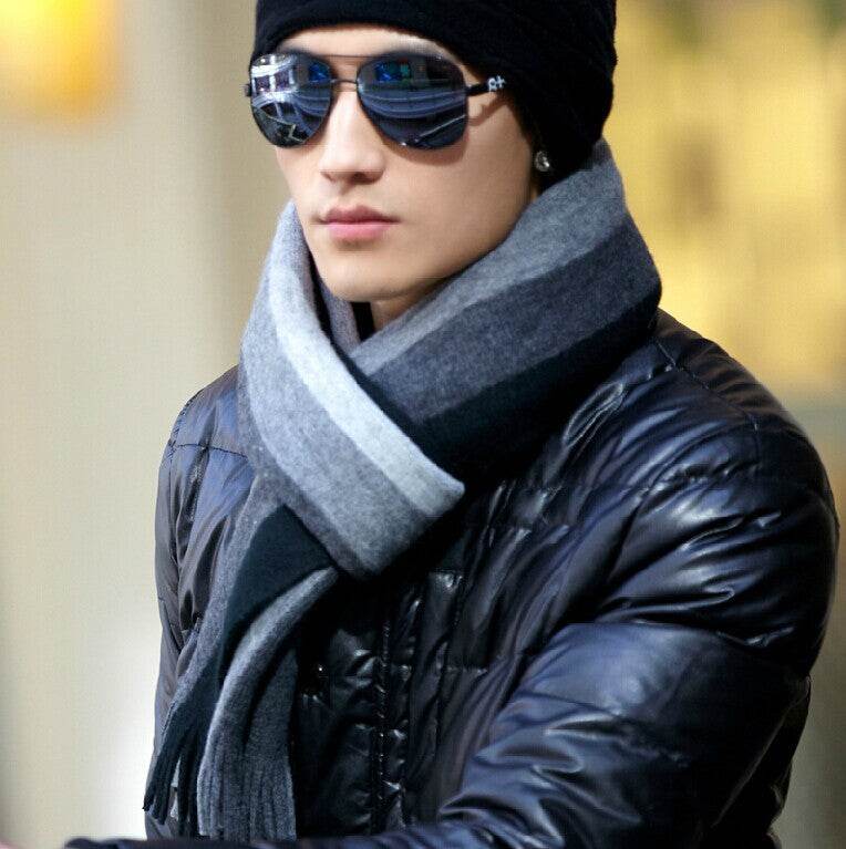 Men's Casual Striped Scarf - Warm Imitation Cashmere, Black Grey Style - Buy Center