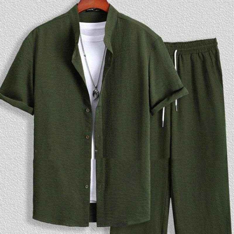Men's Short Sleeve Cardigan Suit - Casual Summer Shirt & Pants Set