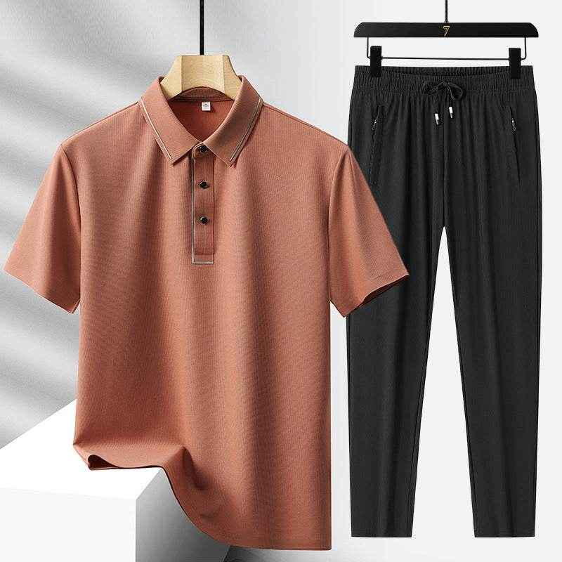 Men's Light Luxury Ice Silk Polo Shirt & Trousers Leisure Suit 2025