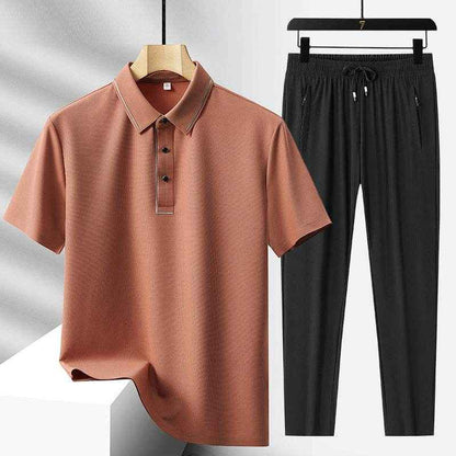 Men's Light Luxury Ice Silk Polo Shirt & Trousers Leisure Suit 2025