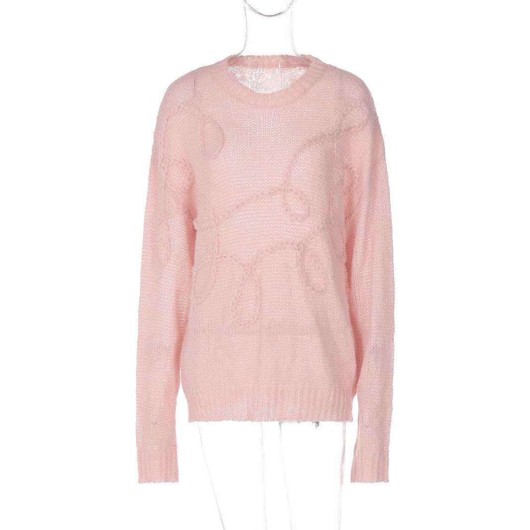 Buycenter Solid Color Wool Sweater - Long Sleeve Irregular Embroidery - Buy Center