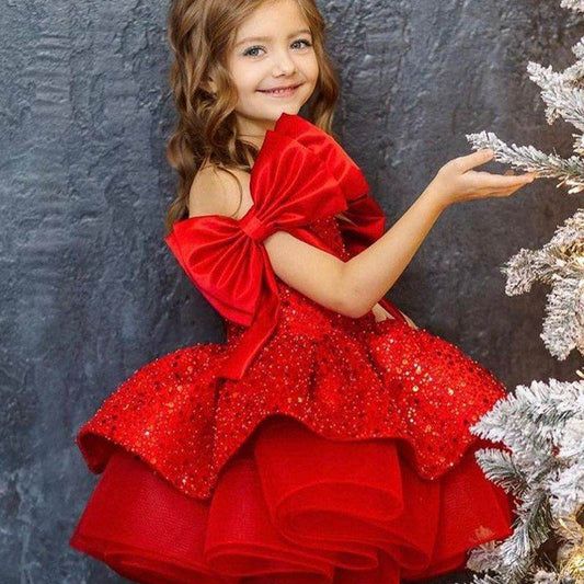 Girl’s Red Princess Dress - Tulle Skirt & Sequined Bow for Flower Girls - Buy Center