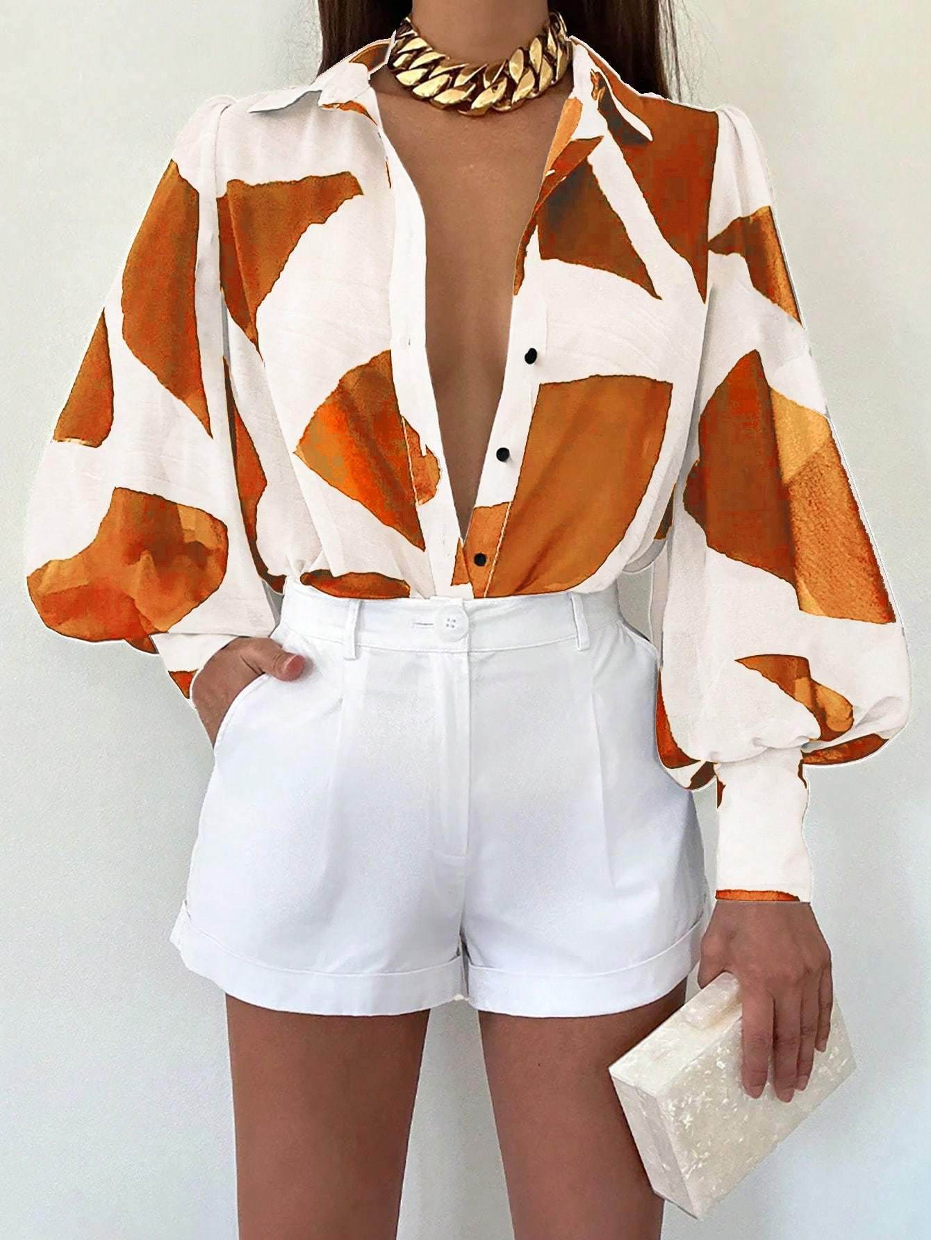 Buycenter Women's Long Sleeve Blouse - Casual Print with Shirt Collar - Buy Center