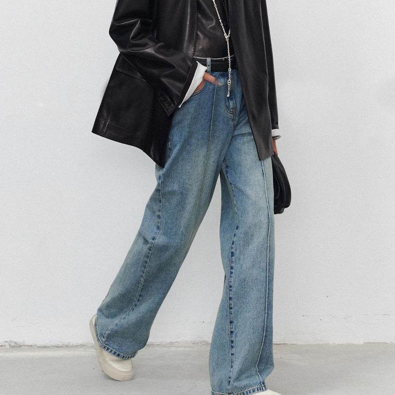 Women's Straight Jeans with Three-Dimensional Stitching - Dark Blue Style - Buy Center