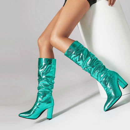 European Style Patent Leather Plaid Boots - Chunky Heel and Comfort - Buy Center