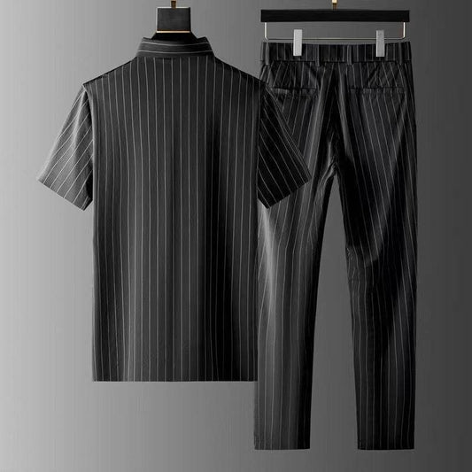 Men's Ice Silk Stripes Casual Suit - Trendy Short Sleeve Trousers Set - Buy Center
