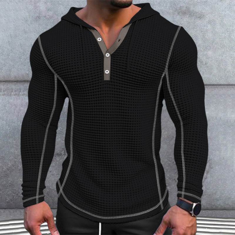 Men's Waffle Button Hoodie T-Shirt Top - Casual Long Sleeve Fashion - Buy Center