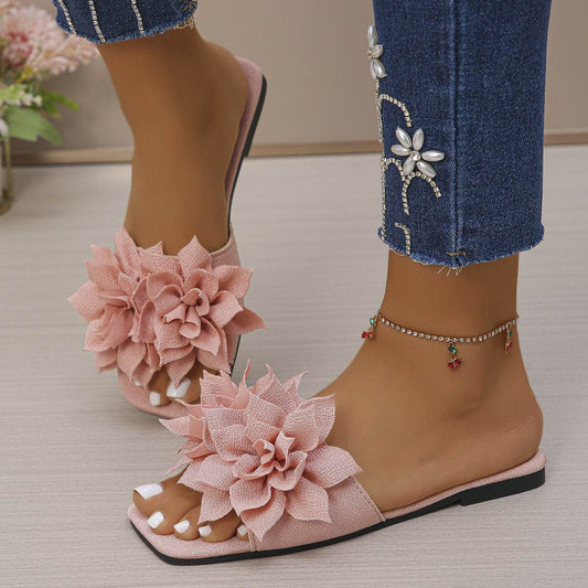 Buycenter Flower Square Head Flat Slippers for Women - Stylish & Comfy - Buy Center