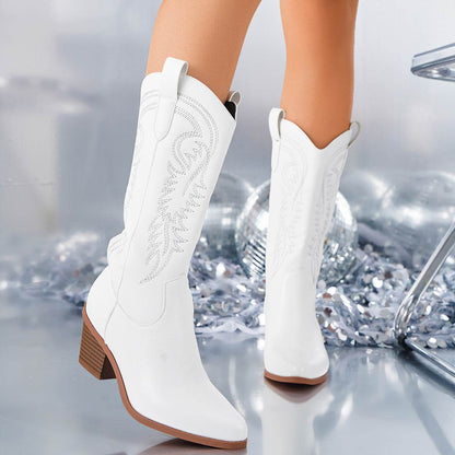 Buycenter Women's Mid-Calf Western Boots - Fashion Embroidered Pointed Toe - Buy Center