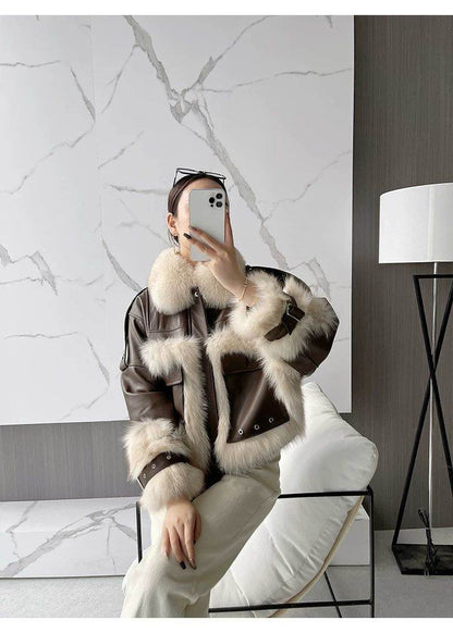 Sense Fox Fur Stitching Leather Coat - Retro Elegant Women's Outerwear - Buy Center
