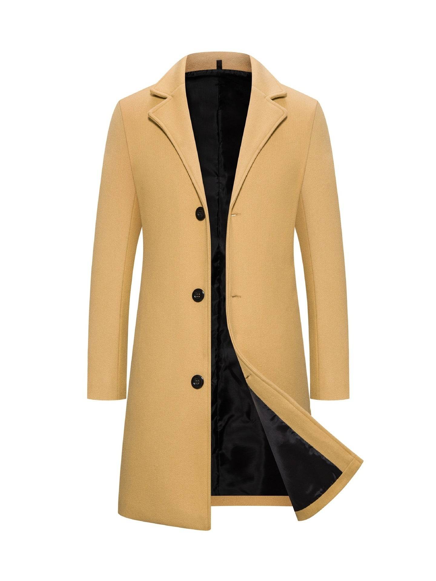 Men's Slim-Fit Woolen Coat - Stylish Mid-Length Trench with Lapel Collar - Buy Center