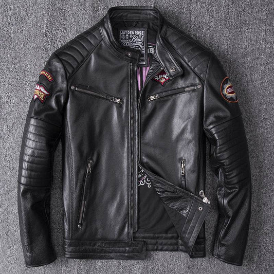 Men's Genuine Leather Motorcycle Jacket - Skull Design, Stand Collar - Buy Center