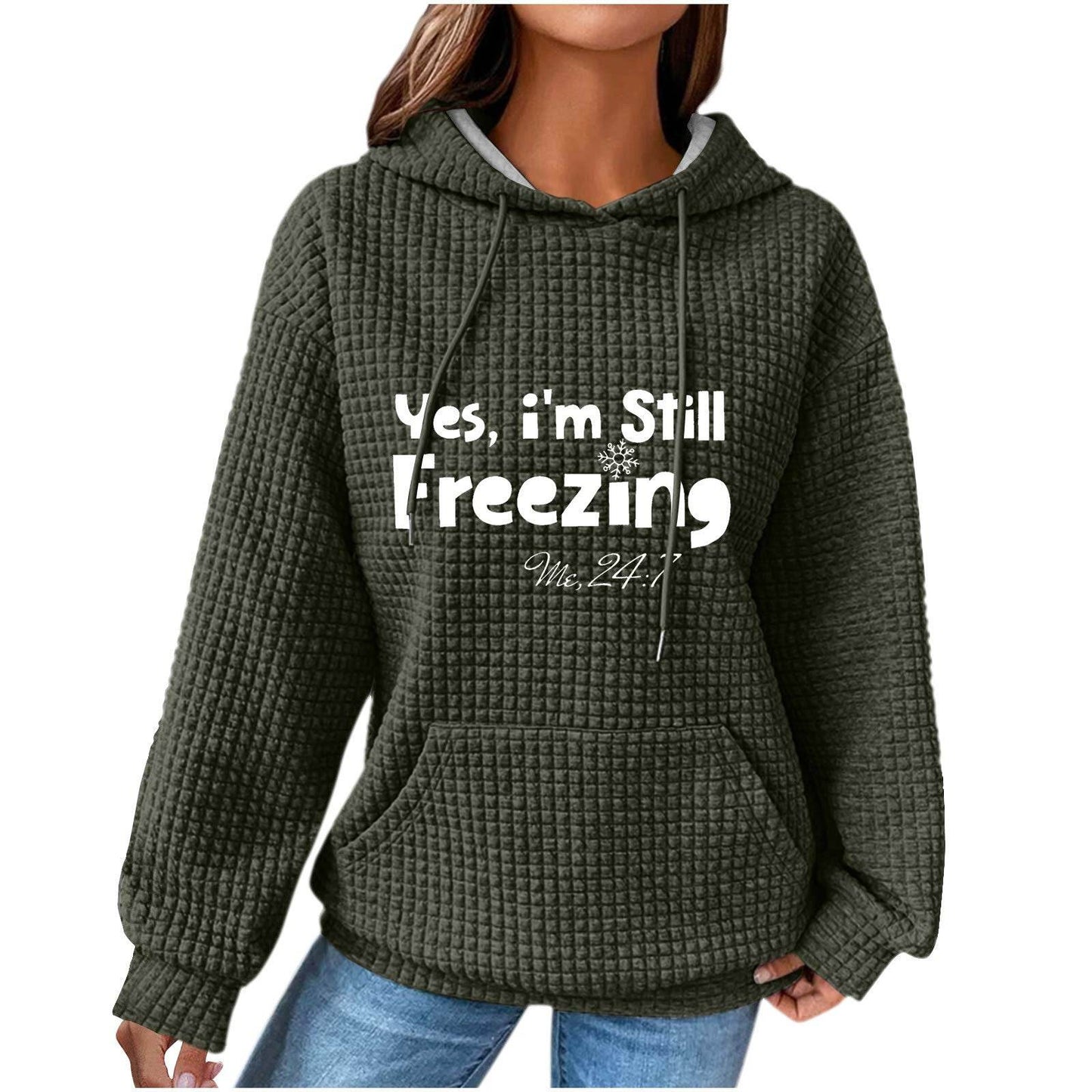 Women's Olive Green Hooded Waffle Sweater - Trendy Patchwork Design - Buy Center