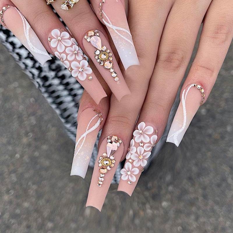 Long Ballet Gradient White Glitter Fake Nails - 24pcs Stylish Set - Buy Center
