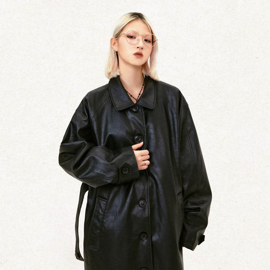 Stylish PU Leather Mid-Length Trench Coat for Men & Women - Black & Brown - Buy Center
