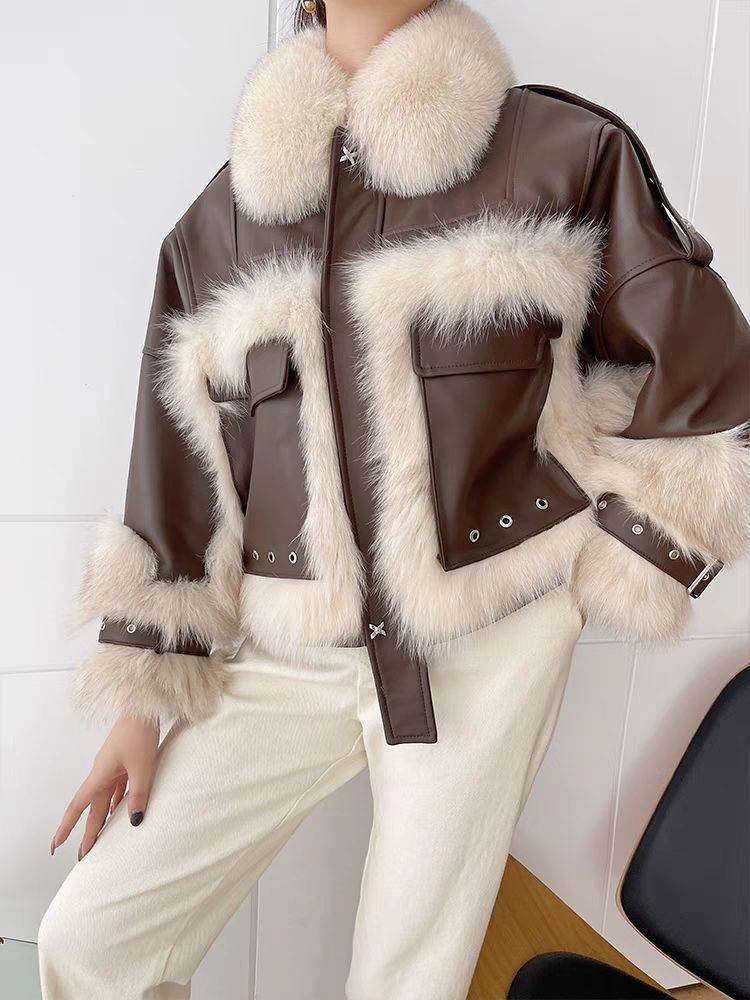 Sense Fox Fur Stitching Leather Coat - Retro Elegant Women's Outerwear - Buy Center