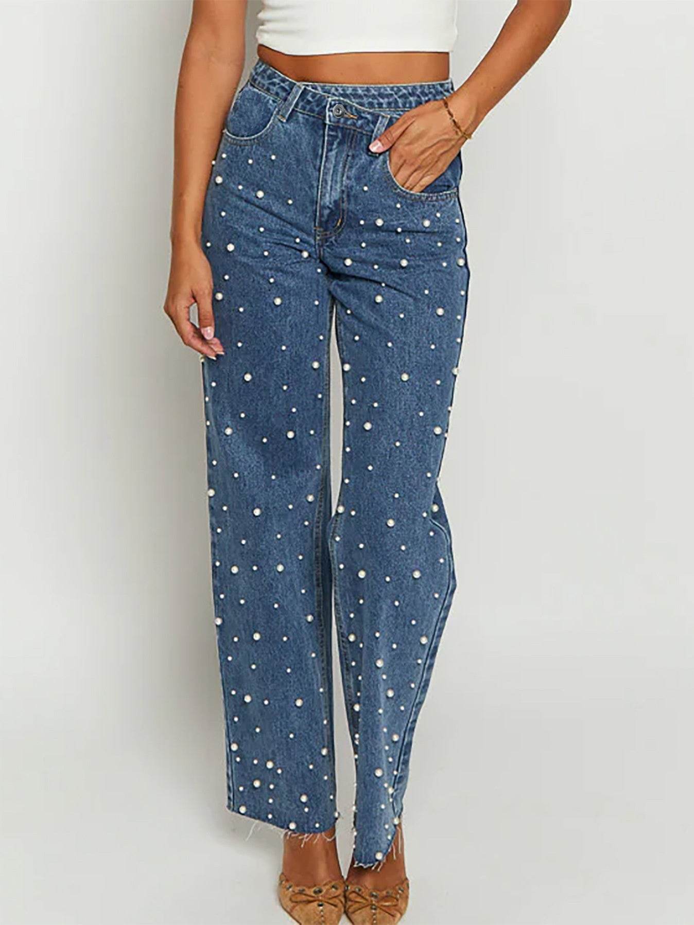 Women's Oblique Waist Frayed Hem Jeans - Trendy Straight-Leg Style 2025 - Buy Center