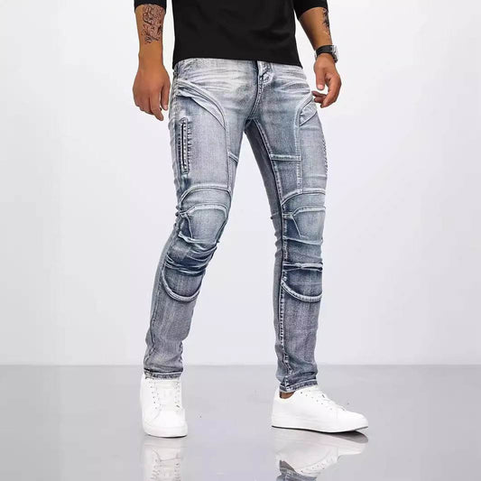 Retro Casual Stretch Motorcycle Jeans for Men - Mid Waist, Light Blue - Buy Center